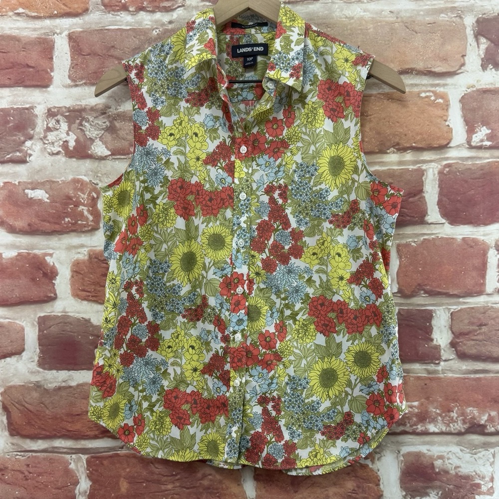 Lands End No Iron Supima Cotton Top Womens 10P Multicolor Garden Floral Shirt